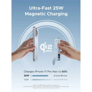 پاور بانک مغناطیسی 30 وات یوگرین مدل 65959 ظرفیت 20000 میلی آمپر ساعت MagFlow با استاندارد Qi2.2