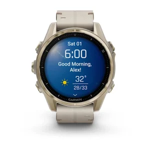 ساعت هوشمند گارمین مدل Fenix 8 - 43mm AMOLED، مناسب برای ورزش، نمایش میزان ضربان قلب، کنترل سطح اکسیژن خون، بند سیلیکون