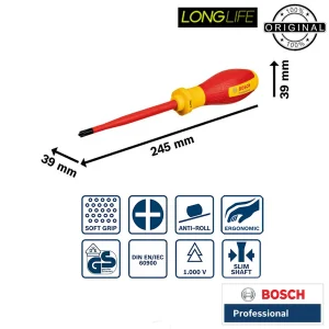 پیچ گوشتی چهارسو و دوسوی بوش مدل عایق دار فشار قوی کد 1600A02ND5-PH2/SL 1000 V سایز 125 میلی متر