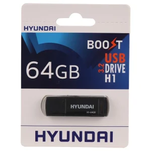فلش مموری هیوندای مدل H1 ظرفیت 64GB با رابط USB 3.2، سرعت خواندن 100MB/s، سرعت نوشتن 30MB/s، مقاوم در برابر گرد و غبار و ضد لک، مجهز به درپوش محافظ و شیار اتصال بند
