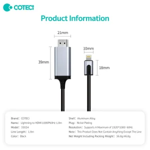 کابل تبدیل لایتنینگ به HDMI کوتسی مدل 33024 طول 1.8 متر