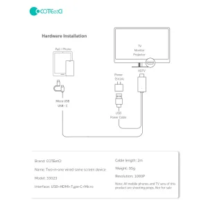 کابل تبدیل HDMI به USB-C/MicroUSB کوتتسی مدل 33023 طول 2 متر