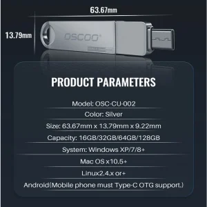 فلش مموری دو سر اتصال اوسکو مدل CU-002 ظرفیت 64 گیگابایت با پورت USB 3.1 و تایپ سی، بدنه فلزی چرخشی 360 درجه، مقاوم در برابر ضربه، شوک و گرد و غبار، سازگار با ویندوز، اندروید، مک و لینوکس