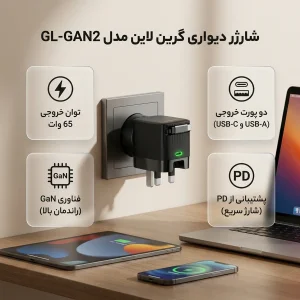 شارژر دیواری 65 وات باخروجی 45 وات +20 وات دارای 2 پورت برند گرین لاین مدل GL-GAN2  به همراه کابل USB-C به طول 0.7 متر