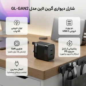 شارژر دیواری 65 وات باخروجی 45 وات +20 وات دارای 2 پورت برند گرین لاین مدل GL-GAN2  به همراه کابل USB-C به طول 0.7 متر