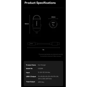 شارژر فندکی 45 وات بیسوس مدل  PrimeTrip 45W C02068 به همراه کابل USB-C