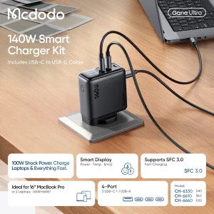 شارژر دیواری 140 وات 4 پورت مک دودو مدل CH-661 به همراه کابل USB-C