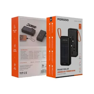 پاوربانک 10.5 وات پرودو مدل PIANO SOLAR PDPBB307BK ظرفیت 20000 میلی‌آمپرساعت به همراه کابل USB-C، USB-A، لایتنینگ و MicroUSB