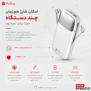 پاوربانک 22.5 وات پرووان مدل PPB5213 ظرفیت 20000 میلی‌آمپرساعت به همراه کابل لایتنینگ و  USB-C