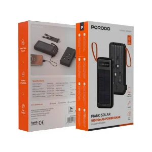 پاوربانک 10.5 وات پرودو مدل PIANO SOLAR PDPBB306BK ظرفیت 10000 میلی‌آمپرساعت به همراه کابل USB-C، USB-A، لایتنینگ و MicroUSB