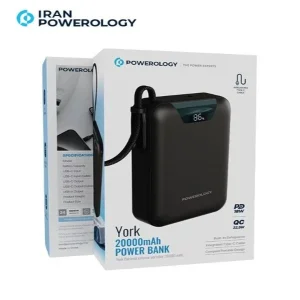 پاوربانک 22.5 وات پاورولوژی مدل york با ظرفیت 20000 ملی امپر به همراه کابل USB-C