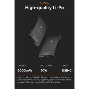 پاوربانک بی‌سیم 20 وات گلوریمی مدل FitCore Mag AIR ظرفیت 5000 میلی‌آمپرساعت به همراه کابل USB-C