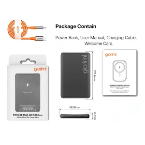 پاوربانک بی‌سیم 20 وات گلوریمی مدل FitCore Mag AIR ظرفیت 5000 میلی‌آمپرساعت به همراه کابل USB-C