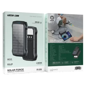 پاوربانک 22.5 وات گرین لاین مدل GNSOLF20PBBK ظرفیت 20000 میلی‌آمپرساعت به همراه کابل USB-A و USB-C و لایتنینگ