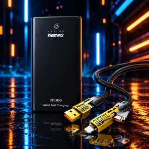 پاوربانک 25 وات ریمکس مدل + X1 PRO ظرفیت 20000 میلی‌آمپرساعت به همراه یک عددکابل USB-A/لایتنینگ/USB-C