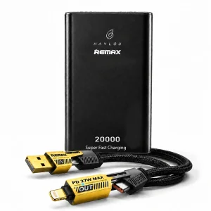 پاوربانک 25 وات ریمکس مدل + X1 PRO ظرفیت 20000 میلی‌آمپرساعت به همراه یک عددکابل USB-A/لایتنینگ/USB-C