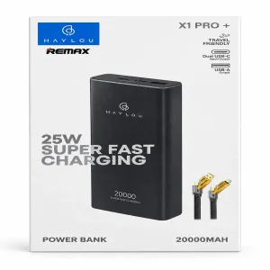 پاوربانک 25 وات ریمکس مدل + X1 PRO ظرفیت 20000 میلی‌آمپرساعت به همراه یک عددکابل USB-A/لایتنینگ/USB-C
