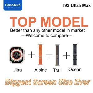 ساعت هوشمند هاینو تکو مدل MIS ALGORITHM ULTRA MAX T93 دارای قابلیت های صفحه نمایش رنگی، صفحه نمایش لمسی، کنترل موسیقی (Music Player)، قابلیت مکالمه از طریق بلوتوث بند سیلیکون