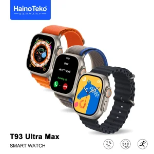 ساعت هوشمند هاینو تکو مدل MIS ALGORITHM ULTRA MAX T93 دارای قابلیت های صفحه نمایش رنگی، صفحه نمایش لمسی، کنترل موسیقی (Music Player)، قابلیت مکالمه از طریق بلوتوث بند سیلیکون