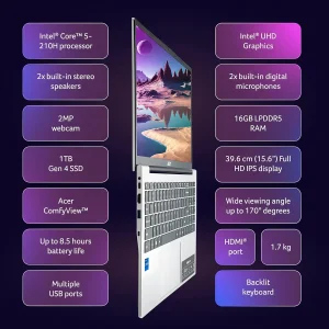 لپ تاپ 15.6 اینچی ایسر مدل Aspire Lite AL15-52H-Core 5 210H-16GB LPDDR5 4800MHz-512GB SSD-IPS-Backlit-W