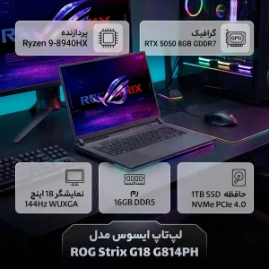 لپ تاپ 18 اینچی ایسوس مدل ROG Strix G18 G814PH-Ryzen 9 8940HX-RTX5050 8GB-64GB DDR5 5600MHz-2TB SSD-WUXGA 144Hz - کاستوم شده