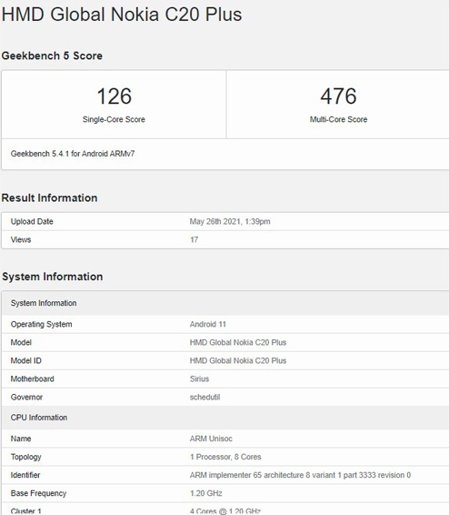 گوشی نوکیا C20 Plus در وبسایت Geekbench