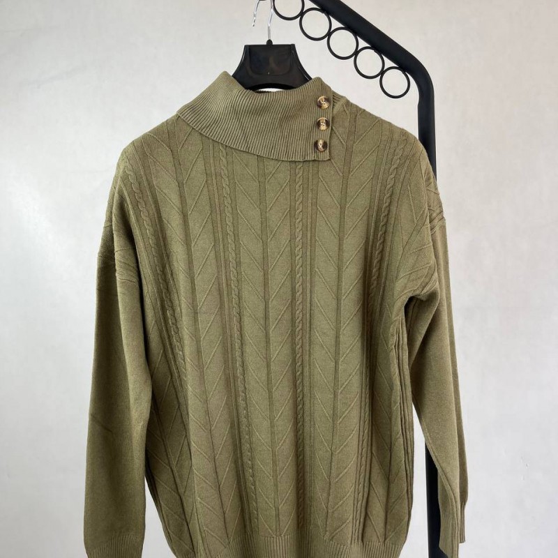 بافت زنانه سبز زیتونی با یقه بلند - طراحی کلاسیک و مناسب فصل پاییز و زمستان