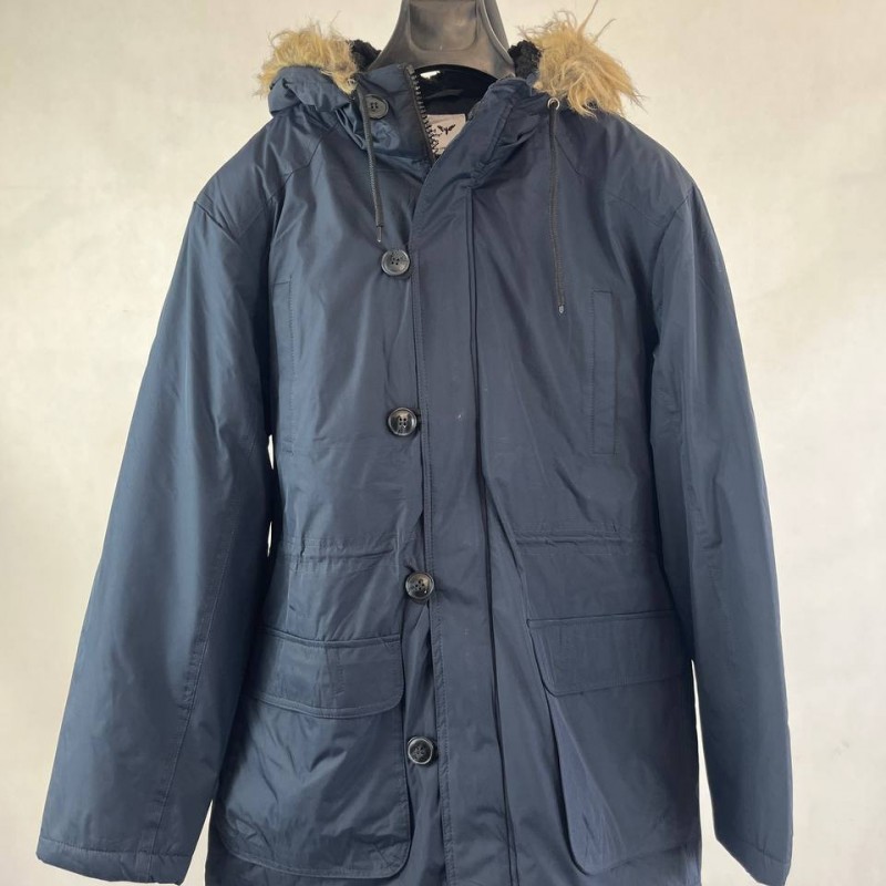 کاپشن مردانه سرمه ای خزدار کلاه دار دکمه ای