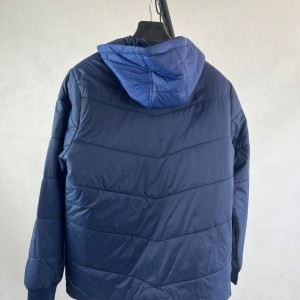 کاپشن پفی مردانه آبی و سفید زیپ دار و کلاه دار