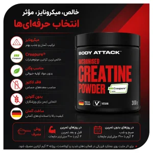 کراتین مونوهیدرات میکرونایز Creapure برند بادی اتک 300 گرم | اورجینال