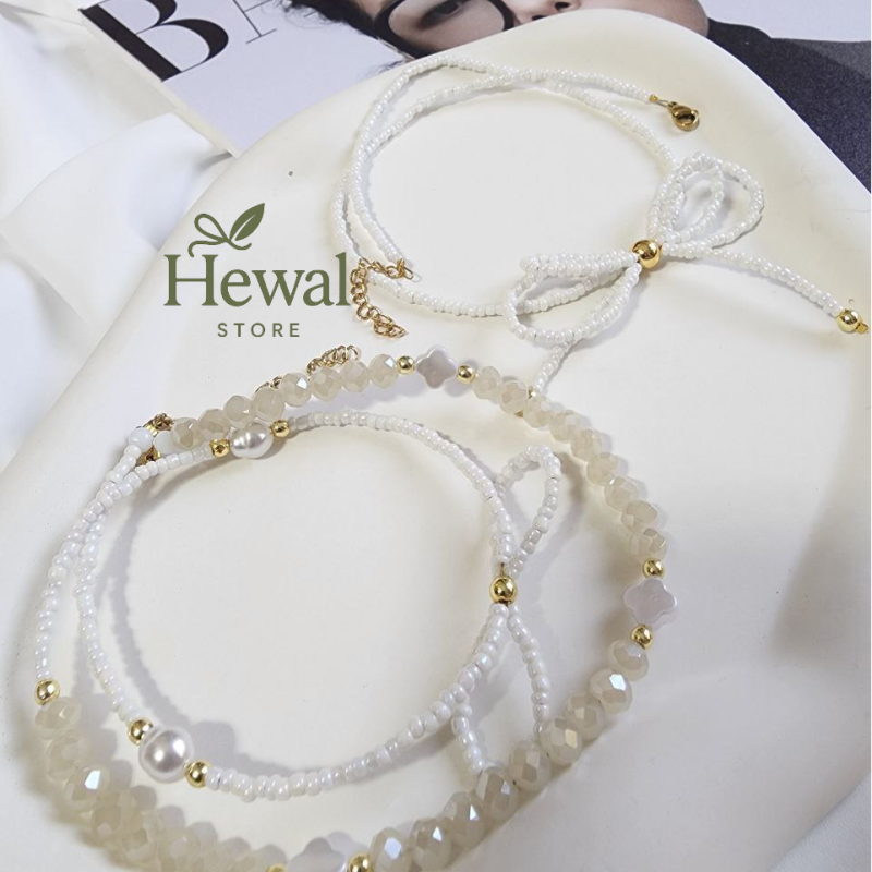 ست گردنبند و پابند مرواریدی سفید – مدل Elara