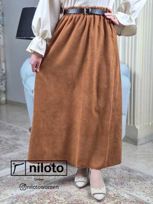 دامن مخمل کبریتی بلند با کمربند (5505)