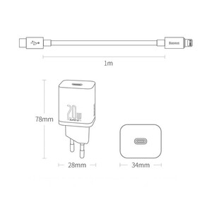 شارژر دیواری فست شارژ بیسوس همراه کابل لایتنینگ Baseus Super Si Quick Charger 1C 20W TZCCSUP-A03