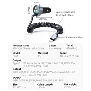 خرید شارژر فندکی 65 وات دو پورت پرووان با کابل تایپ سی