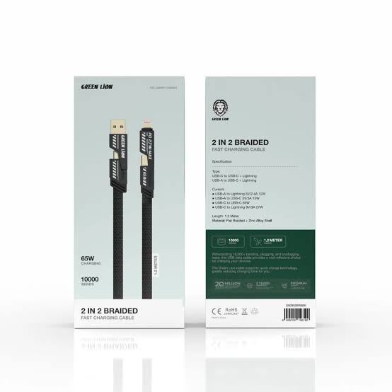 کابل USB/USB-C به USB-C/لایتنینگ گرین لاین مدل 2 in 2 Braided طول 1.2 متر