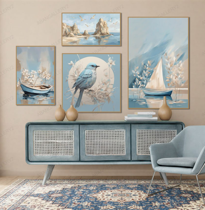 مجموعه تابلوهای 4تیکه هنری مدرن با رنگهای آرامشبخش – طراحی دریا، پرنده و قایق