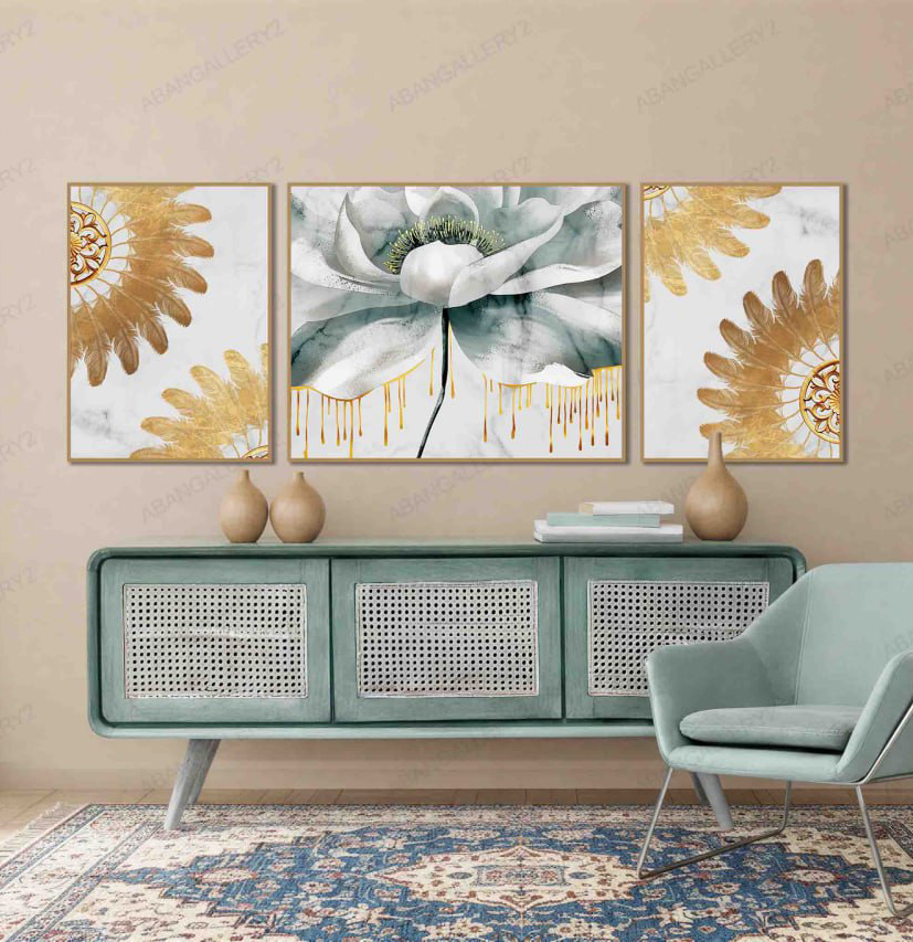 تابلو 3تکه طرح گل و پر سفید طلایی