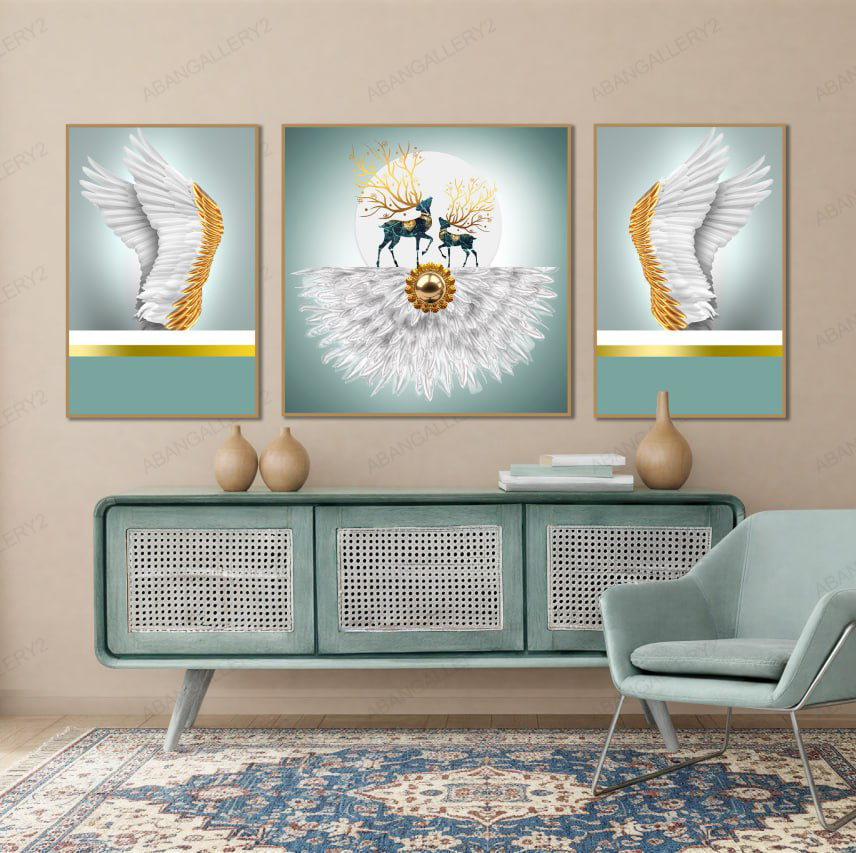 تابلوهای 3تیکه فرشتگان و گوزنها – طراحی بالهای طلایی و سفید