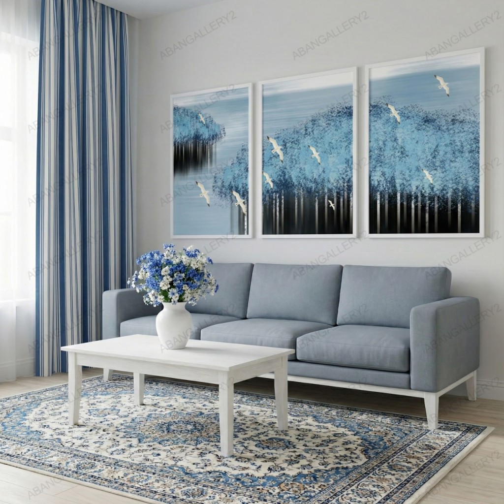 تابلوهای 3تیکه هنری پرندگان در آسمان – طراحی طبیعت آبی و درختان