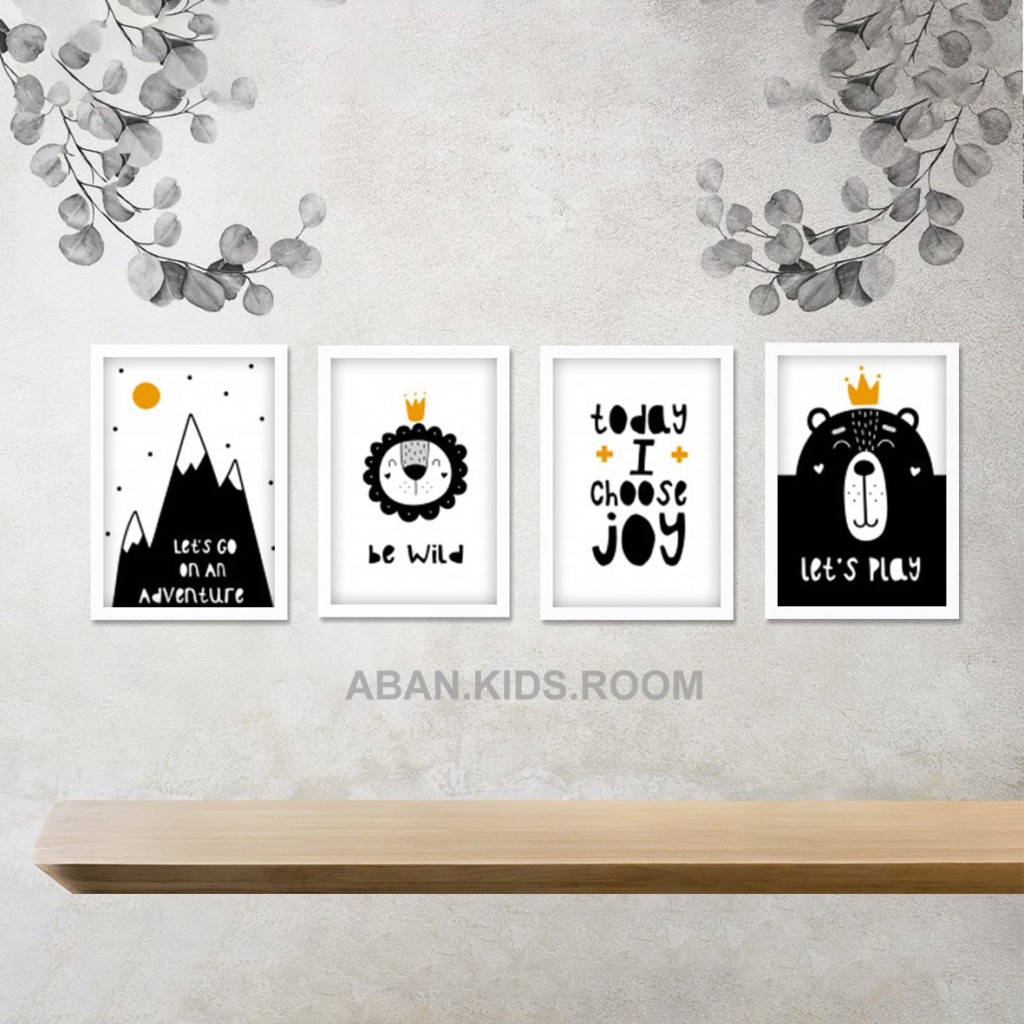 ست ۴ تکه تابلو دکوراتیو کودک - کوهستان و ماجراجویی، شیر “Be Wild”، “Today I Choose Joy”، خرس “Let’s Play”
