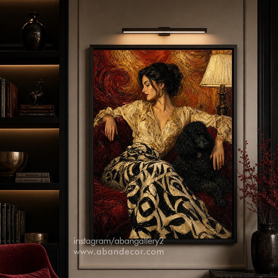 تابلو دکوراتیو زن هنری مدرن با سبک نقاشی کلاسیک و رنگهای گرم