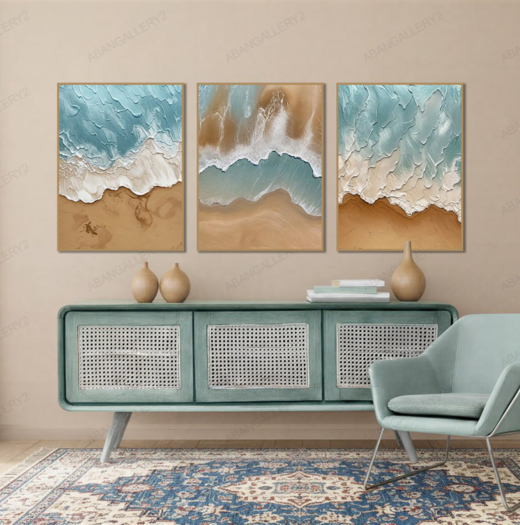 تابلوهای 3تیکه هنری سواحل دریایی – طراحی امواج و شن‌های نرم