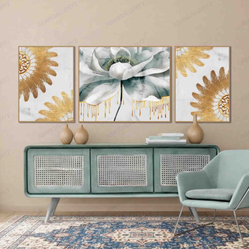تابلو 3تکه طرح گل و پر سفید طلایی