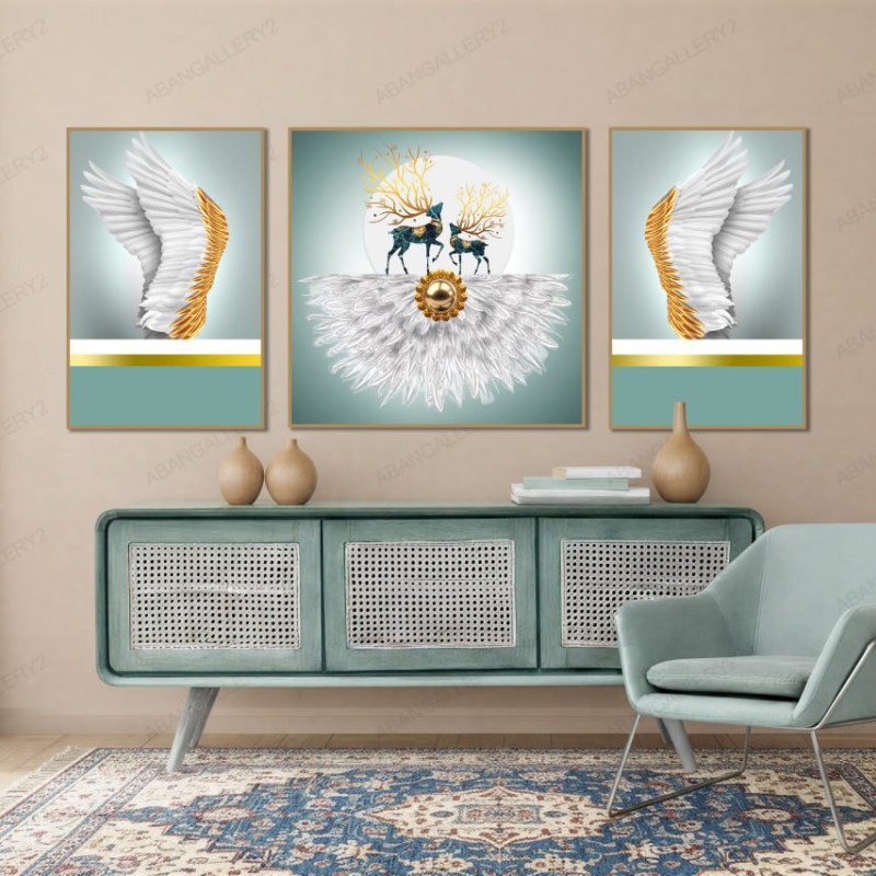 تابلوهای 3تیکه فرشتگان و گوزن‌ها – طراحی بال‌های طلایی و سفید