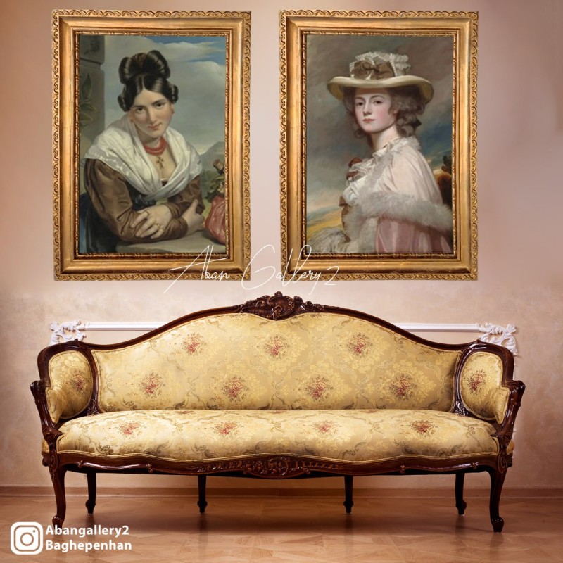 تابلو دو تیکه پرتره بانوی اشرافی با پس‌زمینه کلاسیک