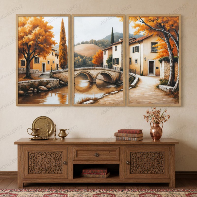 تابلو سه‌تکه منظره روستایی کلاسیک