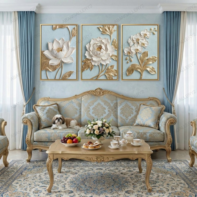 تابلو سه‌تکه گل برجسته با ترکیب آبی و طلایی