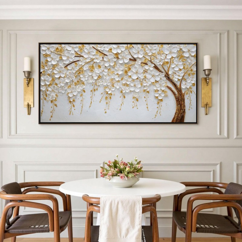 تابلو افقی شکوفه های بهاری سفید طلایی