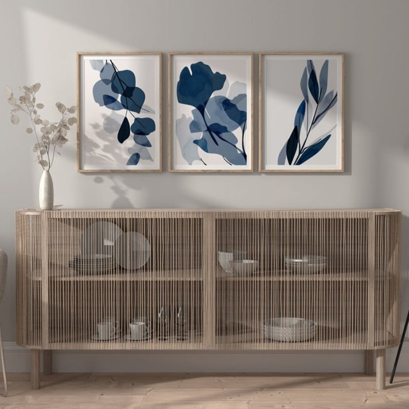 ست تابلو سه‌تکه برگ‌های آبستره آبی؛ هارمونی آرامش و سادگی مدرن