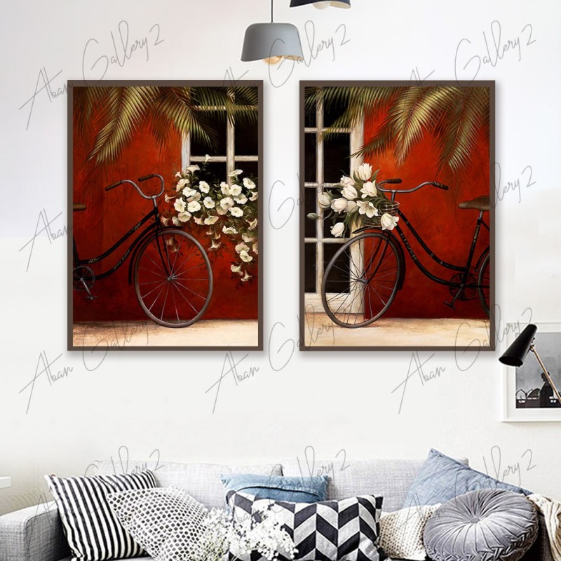 ست دوتایی تابلو دکوراتیو «خاطرات بهاری» - طرح دوچرخه و گل‌های سفید